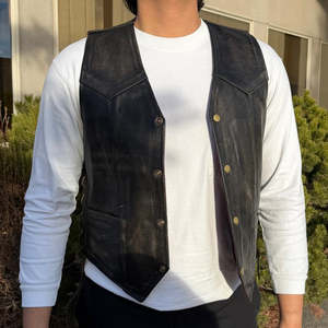 Men’s Black Genuine Leather Western <b>Vest</b> Classic Snap Front <b>Cowboy</b> Waistcoat with Side Lace Design - Product Image 6