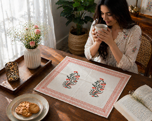 Boho Orange Carry Hand Block Print <b>Table</b> Mat Set White Cotton Placemats Export Quality Washable <b>Dining</b> Decor Masterpiece Set - Product Image 5