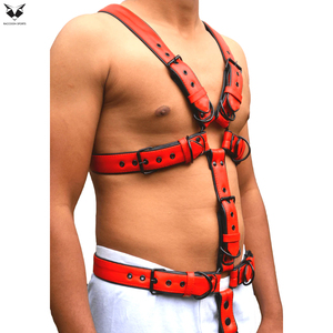 Adjustable Chest and Waist Straps With Black Metal Buckles Fashion Streetwear & Costume Gear Red <b>Leather</b> Body <b>Harness</b> For Men - Product Image 2