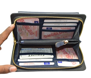 Women's Long Genuine Leather Wallet With <b>RFID</b> Zipper Closure Blue Minimalist Style Daily Use <b>Purse</b> With Wrist Strap - Product Image 3