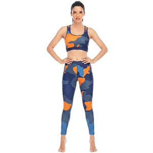 Women's Camouflage Print Yoga Set High Waist Leggings <b>Crop</b> <b>Top</b> 2 Piece Fitness Wear Full Length Racerback - Product Image 3
