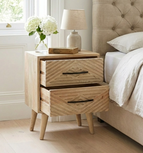 Mesita de noche de madera natural de diseño antiguo con 2 cajones, hecha a mano, ecológica, duradera, artesanía de Rajastán con asas de hierro. - Product Image 2