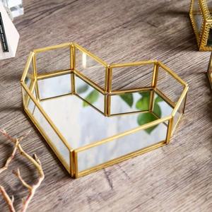 Gold Heart Shaped Glass Jewelry Tray <b>Mirrored</b> Vanity Organizer Metal Trinket Dish Ring Perfume Cosmetic Display Wedding Decor - Product Image 1