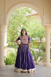 Women's Purple Reyon Traditional Indian Pakistani Style Floor-Length Crop Top Embroidered Floral Design Beaded Chains Quick Dry - Product Image 5