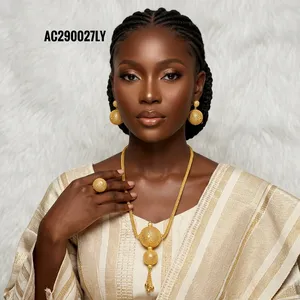 Elegante Juego de Collar con Colgante de Bola de Latón Chapado en Oro Estilo Dubái para Mujer, Cadena de Aleación para Boda, Diseño Clásico AC29N0027LY - Product Image 3