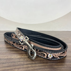 Nouveauté Produit pour chien personnalisé usiné à la main en cuir véritable motif tournesol Collier de chien, laisse et laisse de circulation 3 pièces ensembles combinés - Product Image 6