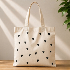 Black Heart Print Cotton Canvas Tote <b>Bag</b> Eco Friendly Cream Large Capacity Women Cute Pattern Shoulder Handbag Reusable Tote - Product Image 1