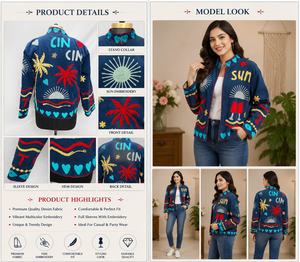 Hand Embroidered Velvet Bomber <b>Jacket</b> With <b>Mandarin</b> <b>Collar</b> Summer Vacation Style Full Sleeve Zipper Closure Blue Color - Product Image 3