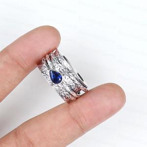 Vintage 925 Sterling <b>Silver</b> Blue Sapphire Spinner for Anxiety Relief Boho Pear Shape Sapphire Meditation Handmade <b>Ring</b> Jewelry - Product Image 2