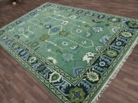 Tapis abstrait de style Oushak en laine/soie noué à la main |   Couleur vertâtre, fait main, vintage, pastel, décoratif, adapté aux animaux domestiques, antidérapant