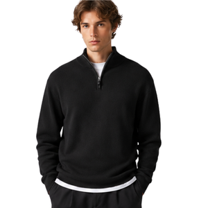 Pull en maille pour homme, noir uni, col montant zippé, manches longues, décontracté, hiver, doux, 100% coton, coupe premium - Product Image 1