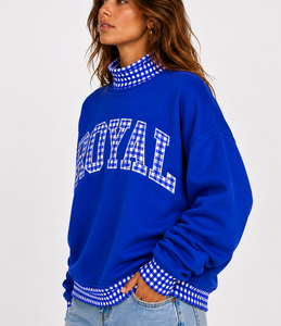 Wholesale Custom Women’s Turtleneck Pullover Sweatshirt Gingham Polka <b>Patchwork</b> Drop Shoulder Breathable Cotton <b>Top</b> - Product Image 2