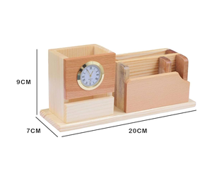 Natural Wood Pen Stand With Clock Wooden Pen Stand & <b>Desk</b> Organizer with Quartz Movement Needle Display - Product Image 1