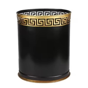 Trash Can In Elegant Black Cylindrical Metal Paper Basket With Gold Greek Key Pattern Decorative Indoor Waste <b>Bin</b> Household Use - Product Image 1