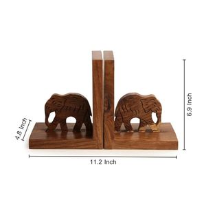 Wooden <b>Elephant</b> Hand Carved Engraved Book Holders Stand Decorative Bookends for Bookshelf Study Table Home <b>Decor</b> - Product Image 3