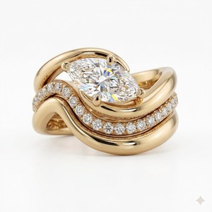 Ensemble de bagues de mariage de luxe plaqué or 18 carats avec diamant de laboratoire taille marquise unique, bande ondulée incurvée, certifié IGI - Product Image 2