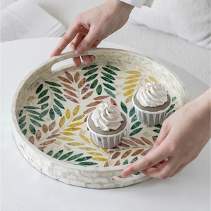 Top Quality Leaf Design <b>Round</b> Seashell Mosaic <b>Serving</b> <b>Tray</b> For Food Drinks Breakfast Table Wholesale - Product Image 2