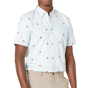 Chemise décontractée pour homme à manches courtes, col boutonné, imprimé floral hawaïen bleu clair, respirante, 100% polyester popeline, idéale pour l'été - Product Image 3