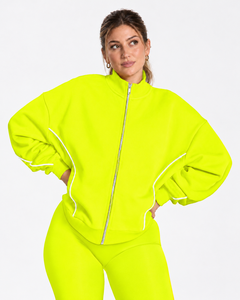 Conjunto Deportivo Personalizado para Mujer con Cremallera Completa, Pantalones Oversize con Ribete Blanco en Contraste, Cintura Elástica, Manga Larga, Conjunto de 2 Piezas - Product Image 3