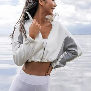 Sudadera con capucha corta con bloques de color para mujer, sudadera holgada con cremallera y cordón para uso informal al aire libre - Product Image 4