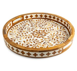 Plateau de service rond en bois écologique avec poignées décoratives en bois et résine à motifs floraux, durable, 12 pouces, usage résidentiel - Product Image 1