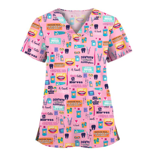 Custom Women’s Dental Print Medical Scrubs Top V-Neck Short Sleeve <b>Nurse</b> Uniform with Pockets Dentistry Hospital Professional - Product Image 5