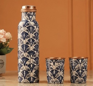 Wholesale <b>metal</b> drinkware Copper <b>Water</b> <b>Bottle</b> With Blue White Pattern Design Portable Drinkware With Lid Home Use Oriental Style - Product Image 1