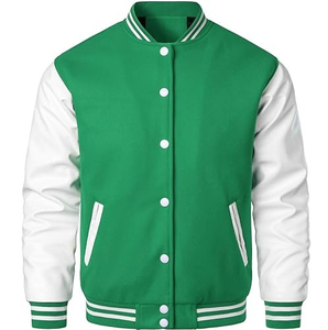 Veste universitaire 2027 vert et blanc à blocs de couleur, col montant, boutons-pression, style sportif, manteau de baseball - Product Image 1