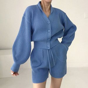 Custom Women Knit Crop Wool Rib Knit <b>Cardigan</b> <b>Sweater</b> 2 Two Piece Lounge Wear Short Pants Set - Product Image 3