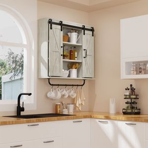 Armadio di stoccaggio a 3 livelli in legno grigio rustico Vintage con due porte da fienile scorrevoli per cucina soggiorno fattoria decorativo - Product Image 1