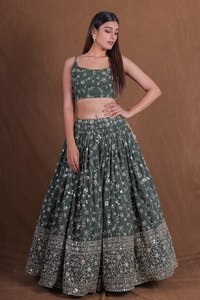 <b>Green</b> Floral Embroidered Lehenga Choli Sequin Zari Dupatta Wedding Party Dress for Women - Product Image 3