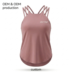 Women Solid Criss Cross Strap Halter Neckline Tank Top Integrated Shelf <b>Bra</b> Soft Breathable Quick Dry Fabric Front Sporty - Product Image 5