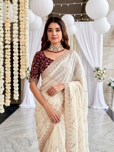 AARA Fashion Elegant Cream Silk <b>Saree</b> <b>Maroon</b> Blouse Traditional Wedding Wear Women India Pakistan Style Floor-Length Regular Fit - Product Image 5