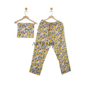 Ensemble de pyjama pour femmes en coton indien imprimé à la main avec des motifs floraux, 3 pièces, décontracté, confortable, respirant, écologique, vêtements de nuit d'été - Product Image 3