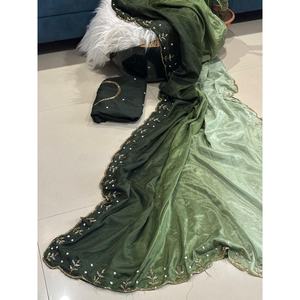 TRENDING CHINON SILK HAND WORK BORDER WORK SAREE WITH UNSTITCHED BLOUSE MEHNDI - Product Image 1