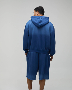 Conjunto de Sudadera con Capucha y Pantalones Cortos de Forro Polar Azul Unisex, Manga Larga, Bolsillos con Cremallera, Ajuste Holgado, Ropa Deportiva Informal de Dos Piezas, Largo por Encima de la Rodilla, Color Sólido - Product Image 3
