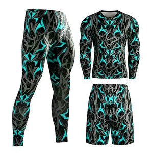 Ensemble de leggings de compression longs pour hommes avec t-shirt à manches longues et short, imprimé numérique uni, antibactérien, taille élastique, en spandex - Product Image 6