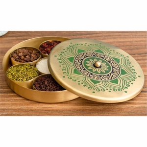 Luxury Octagonal Brass <b>Spice</b> <b>Box</b> <b>Indian</b> Traditional Masala <b>Box</b> Container Set with Spoon Embossed Lid Kitchen Storage <b>Spices</b> <b>Box</b> - Product Image 4