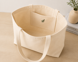Sac fourre-tout en toile de coton 10oz beige 24x15x6 po avec fermeture personnalisée, poche avant et poche intérieure brodée feuille 7.5x6 po pour le shopping - Product Image 5