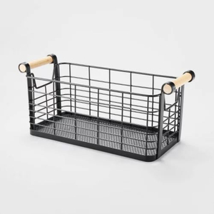 Panier de rangement en fil métallique noir mat de qualité supérieure avec poignées en bois naturel, idéal pour la cuisine, le garde-manger, la salle de bain et le bureau à domicile - Product Image 1
