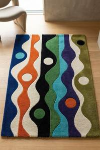 Tapis en laine tufté à la main avec bordure ondulée ludique, style Memphis postmoderne, pour couloir et hall d'entrée - Product Image 3