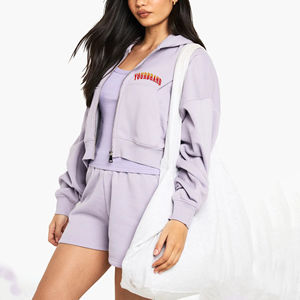 Nouvel Arrivage 2026 Ensemble 2 Pièces Femme 100% Coton Oversize Crop Hoodie Zippé Short au Genou Couleur Unie Respirant Décoration Dentelle - Product Image 1