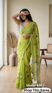 Sari de poliéster estampado para mujer, de secado rápido, sin arrugas, informal, para fiesta, Diwali, atuendo étnico tradicional, elegante, para festivales, con drapeado. - Product Image 2