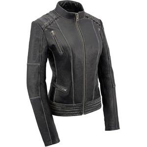 SAMROZ SPORTS Women's 'Elegant' Distressed Gray Detail Laced Leather Jacket - Product Image 1
