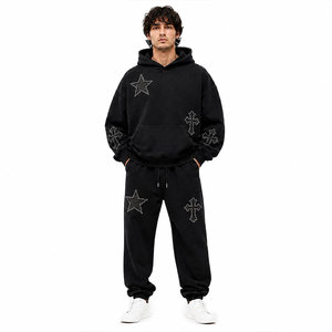 Men 2 Piece Winter Tracksuit Set Oversized Hoodie Jogger Star Cross Patch Heavy Fleece Custom OEM Wholesale Manufacturer - Product Image 2