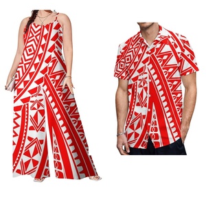 Fashion Casual Couple <b>Set</b> Polynesian Plus Size Clothing Cozy Polyester Cotton Samoan Women Romper Men Button Tops Shirt Two <b>Sets</b> - Product Image 3