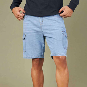 Shorts cargo en coton bleu clair pour homme, taille haute, fermeture boutonnée, décontractés, style bermuda, poches, tissu tricoté respirant, denim - Product Image 5