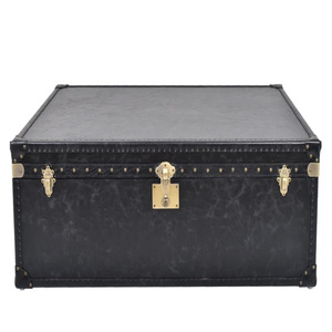 Mesa de Centro de Cuero Negro Estilo Aviador Vintage, Baúl de Almacenamiento de Cuero Negro con Diseño Tradicional de Latón, Mesas de Centro Antiguas - Product Image 6