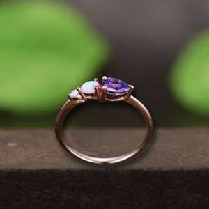 Bague de mariage vintage Art Déco en améthyste et opale, certifiée IGI, taille poire, en argent sterling 925 plaqué or rose 14 carats, pour les fêtes - Product Image 5