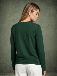 T-shirt vert à manches longues pour femme avec imprimé crocodile, col rond décontracté, motif dessin animé, 100 % coton, coupe classique - Product Image 5
